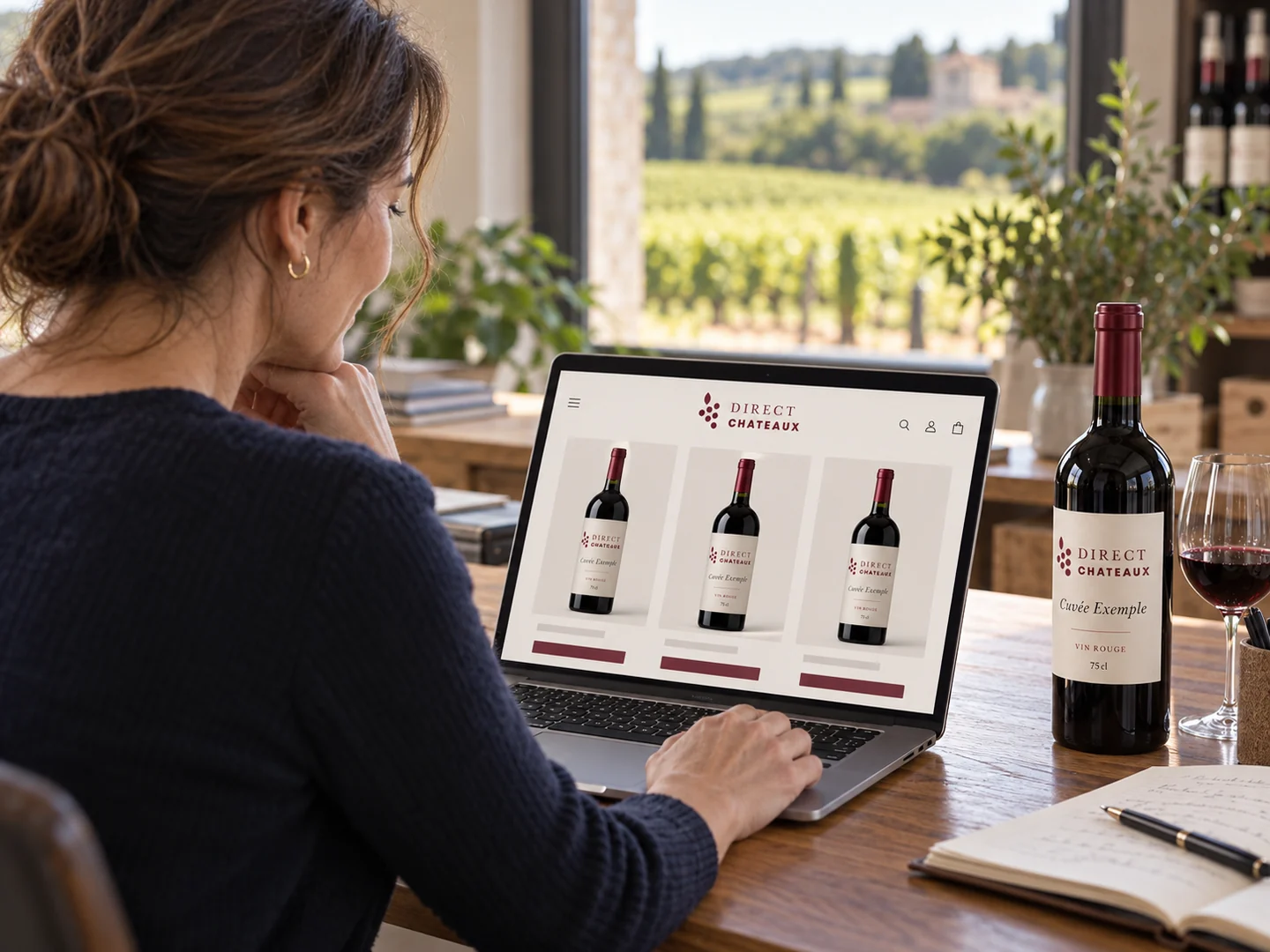 Illustration : Une professionnelle consulte une boutique de vin en ligne à côté d’une bouteille d’exemple.