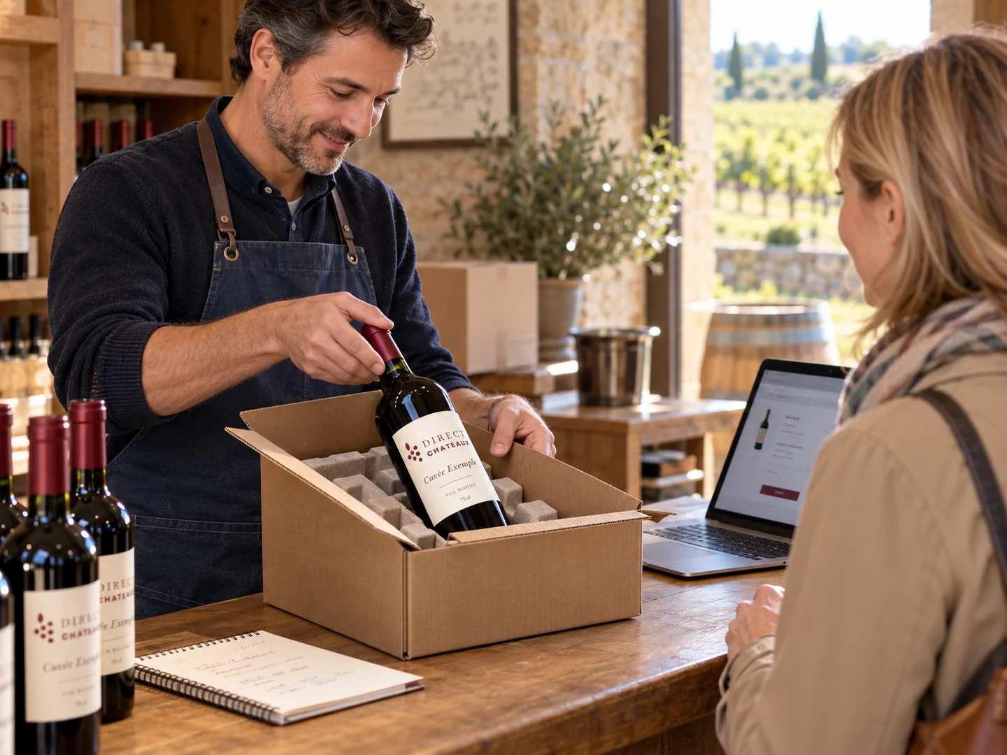 Illustration : Préparation d’une commande internationale au comptoir d’un domaine.