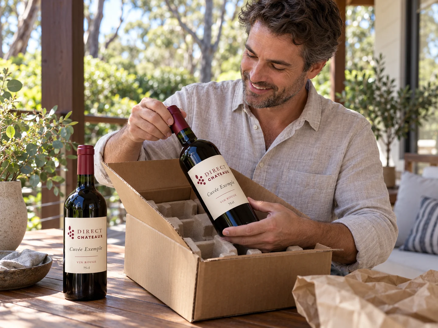 Illustration : Ouverture d’un colis de vin sur une terrasse australienne.