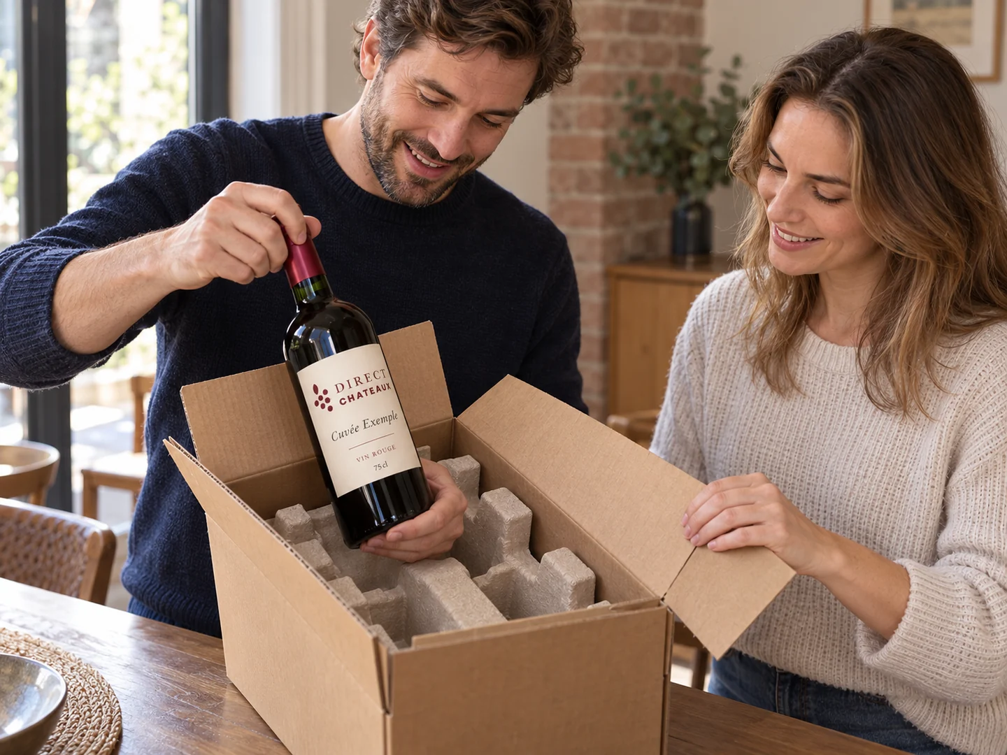 Illustration : Deux clients déballent une livraison de vin dans leur maison.