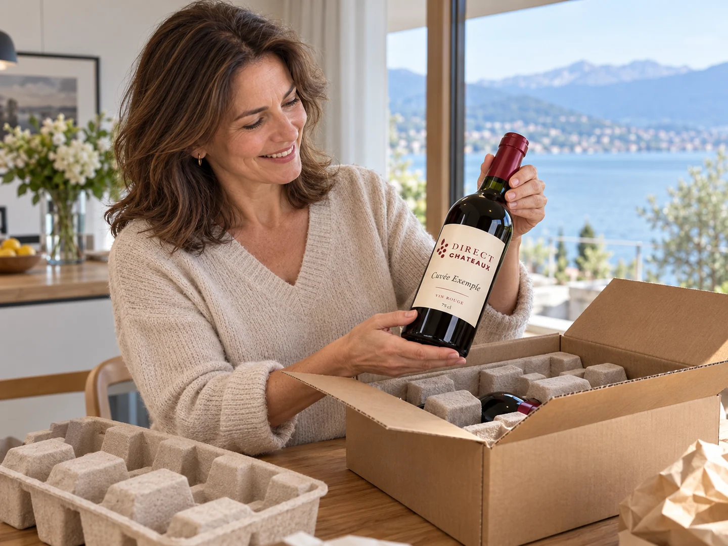 Illustration : Ouverture d’un colis de vin dans un intérieur suisse.