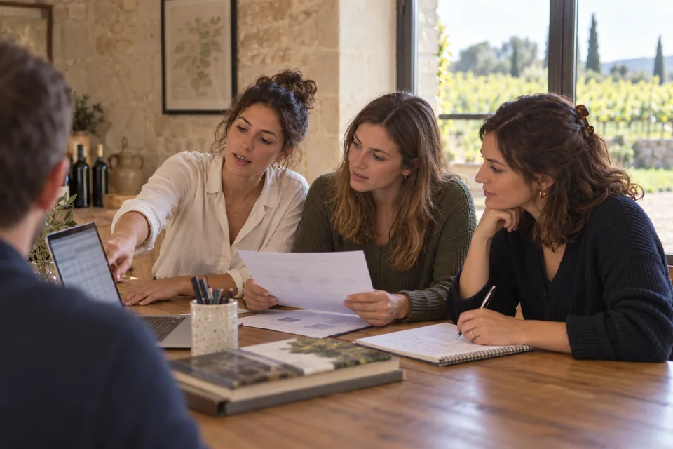 Des participantes travaillent sur une offre de vente autour d’un ordinateur.