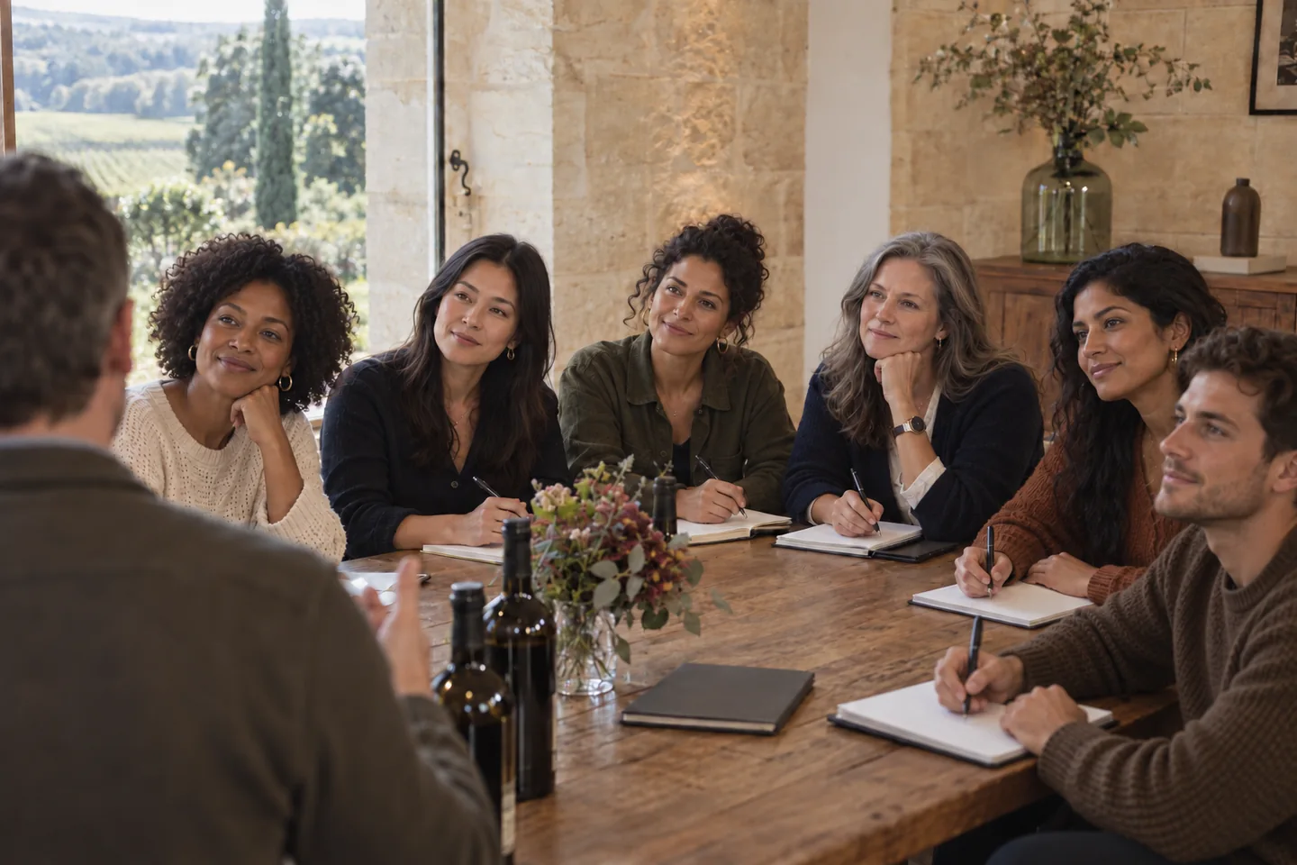 Un groupe majoritairement féminin échange avec un formateur vu de dos dans une propriété viticole.