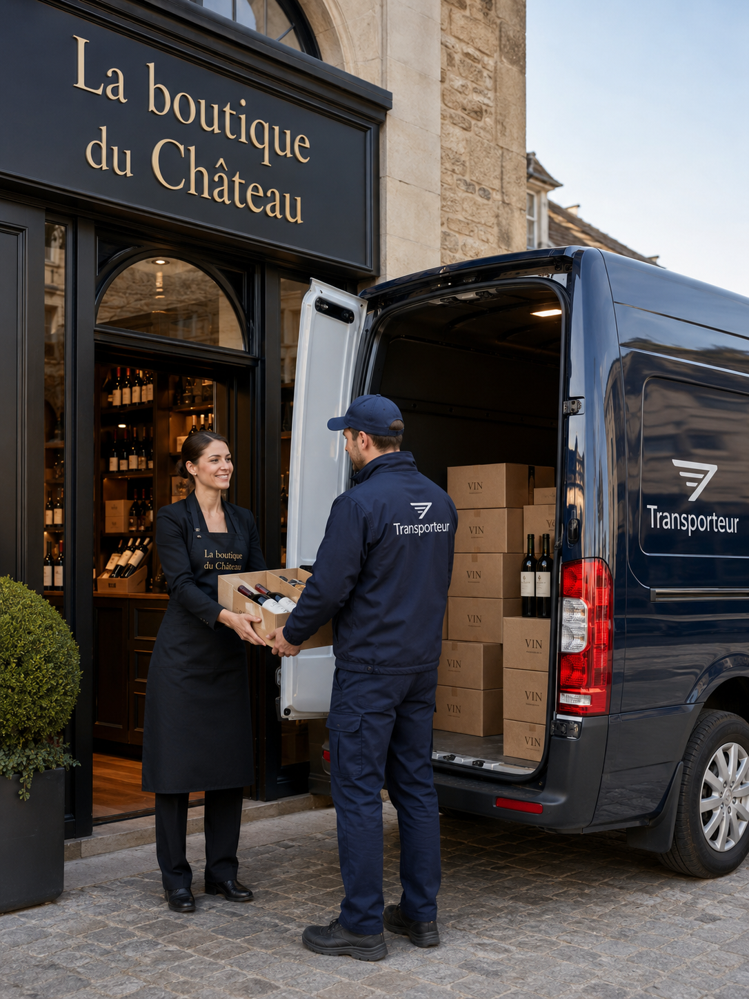 Une équipe de boutique confie des caisses de vin à un partenaire de transport devant la propriété.