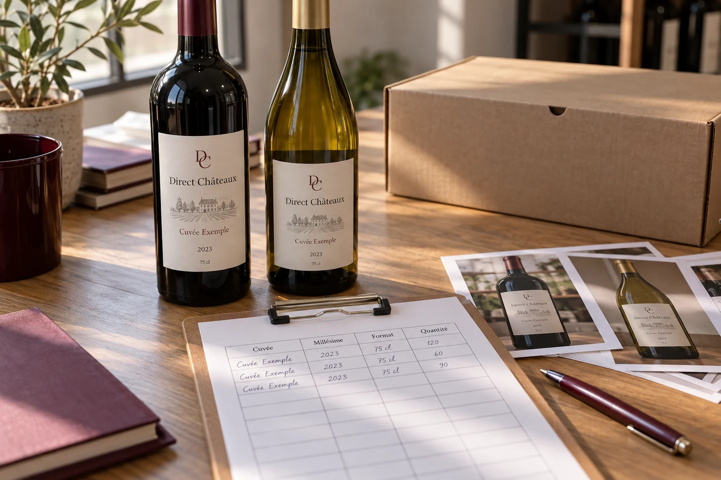 Illustration : Préparation d’un catalogue de vins, de ses millésimes et formats sur un bureau, avec des bouteilles d’exemple Direct Châteaux.